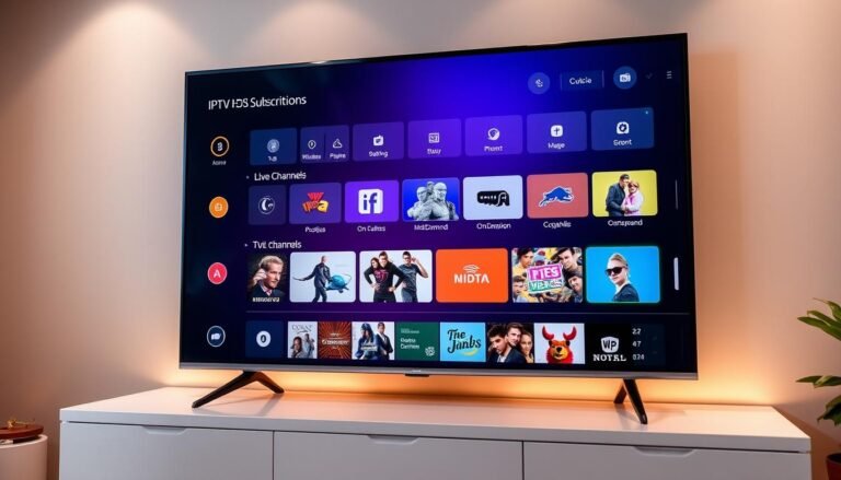 Smart TV displaying IPTV interface with apps and streaming channels – install IPTV on Smart TV guide